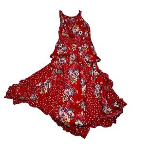 Bila Red Floral Smocked Waist High Low Maxi Dress Boho Sleeveless Women's Large